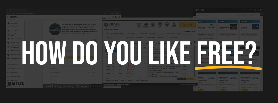 Screenshot of Diesel Repair platform with bold white text overlay that reads “How Do You Like Free?”