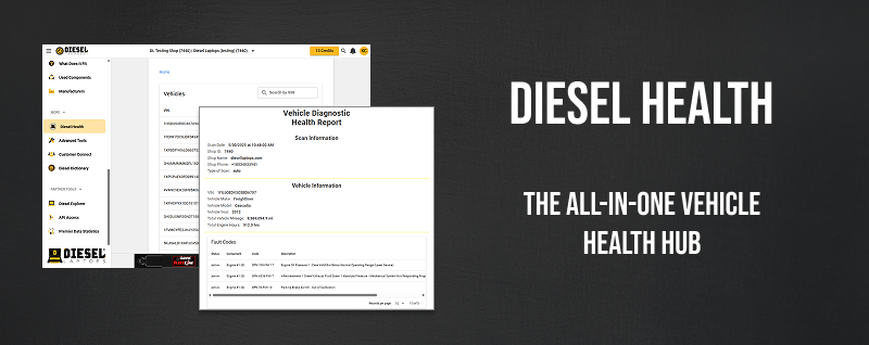 Screenshot of Diesel Health dashboard and diagnostic report showing vehicle scan history and fault code details inside Diesel Repair.