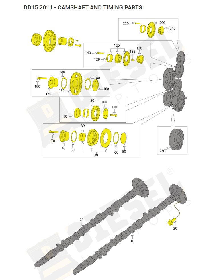 Diesel Repair’s exploded view tool with Detroit Diesel DD15 2011 and Fuel Filter selected.
