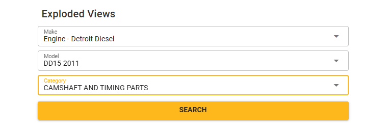 Screenshot of Diesel Repair’s exploded view tool with Detroit Diesel DD15 2011 and Fuel Filter selected.