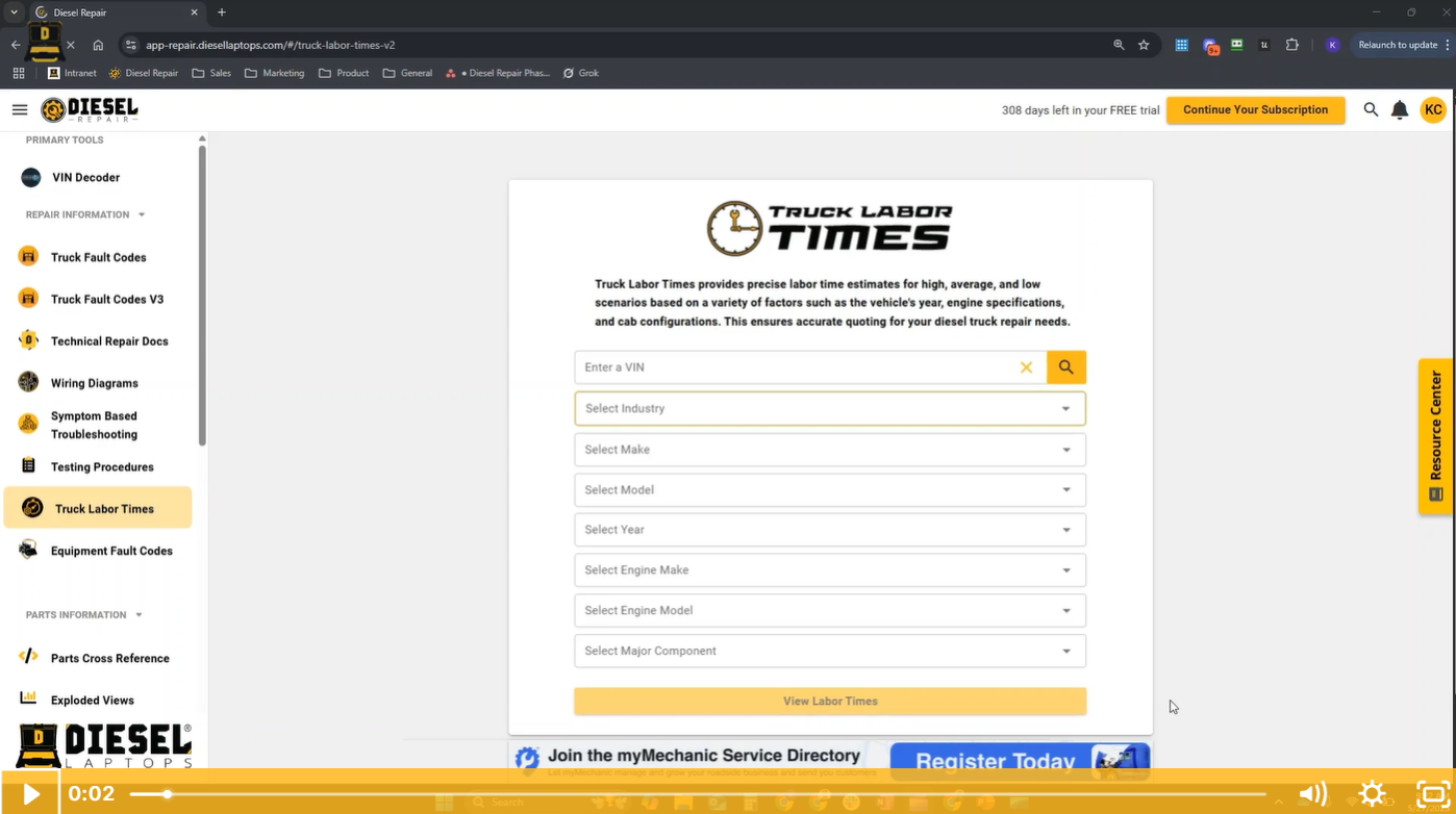 Screenshot of the Truck Labor Times feature showing labor hour estimates for commercial truck repairs