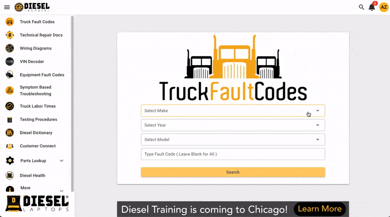 Truck Fault Codes feature animation showing fault code lookup in Diesel Repair platform